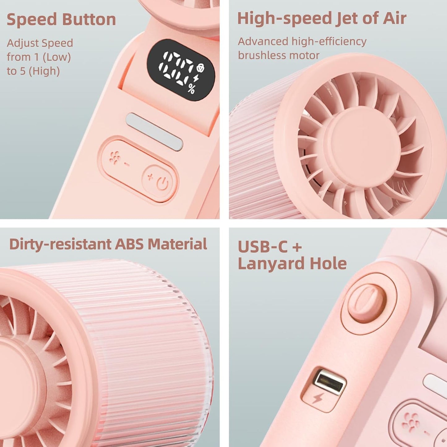 Portable Handheld Turbo Fan, 8M/S High Speed Portable Fan 5 Speed (1-100), 180° Foldable Personal Handheld Fans with Powerful Rechargeable Battery, Mini Fans, Digital Display for Outdoor(Pink)
