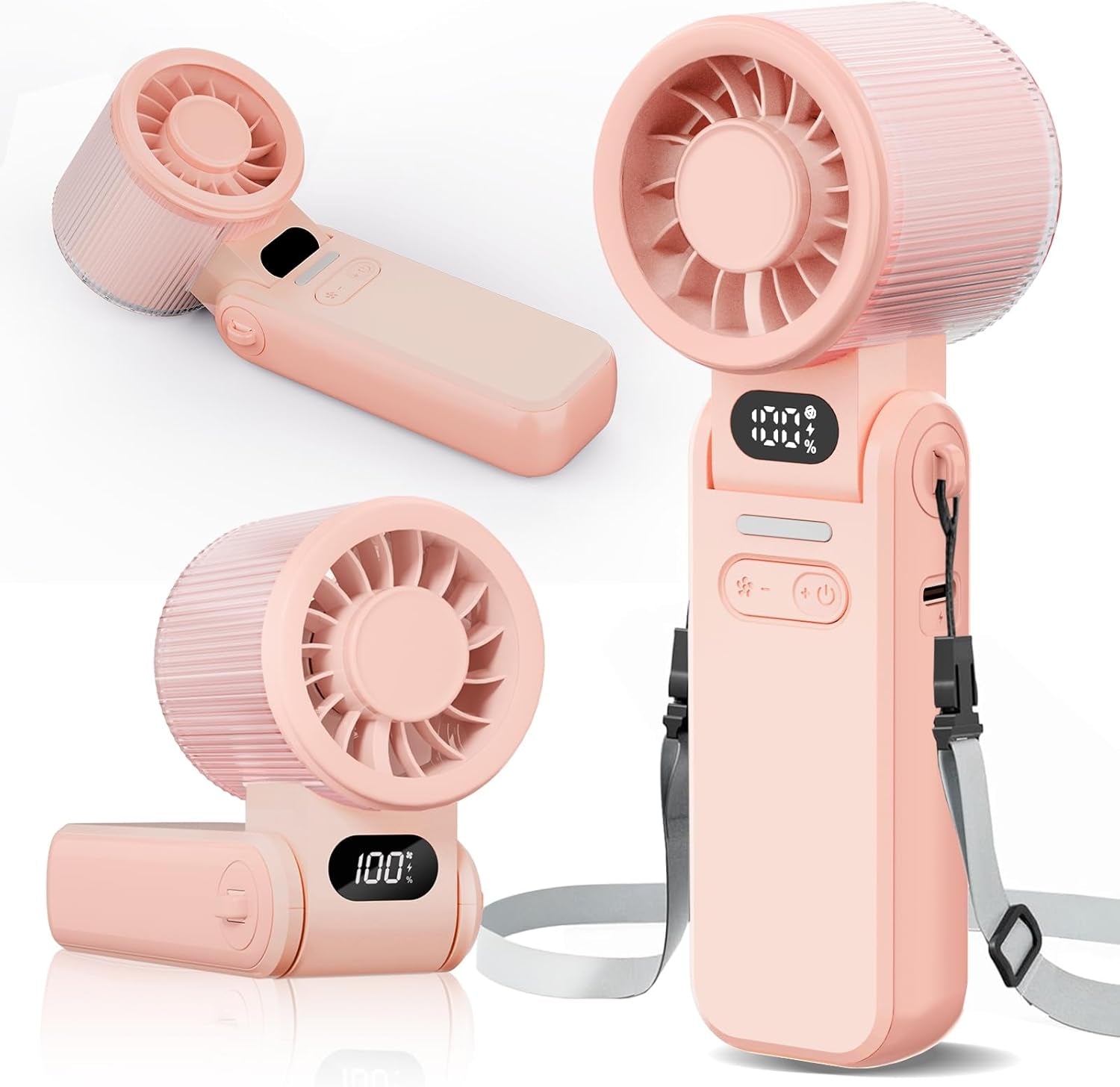 Portable Handheld Turbo Fan, 8M/S High Speed Portable Fan 5 Speed (1-100), 180° Foldable Personal Handheld Fans with Powerful Rechargeable Battery, Mini Fans, Digital Display for Outdoor(Pink)