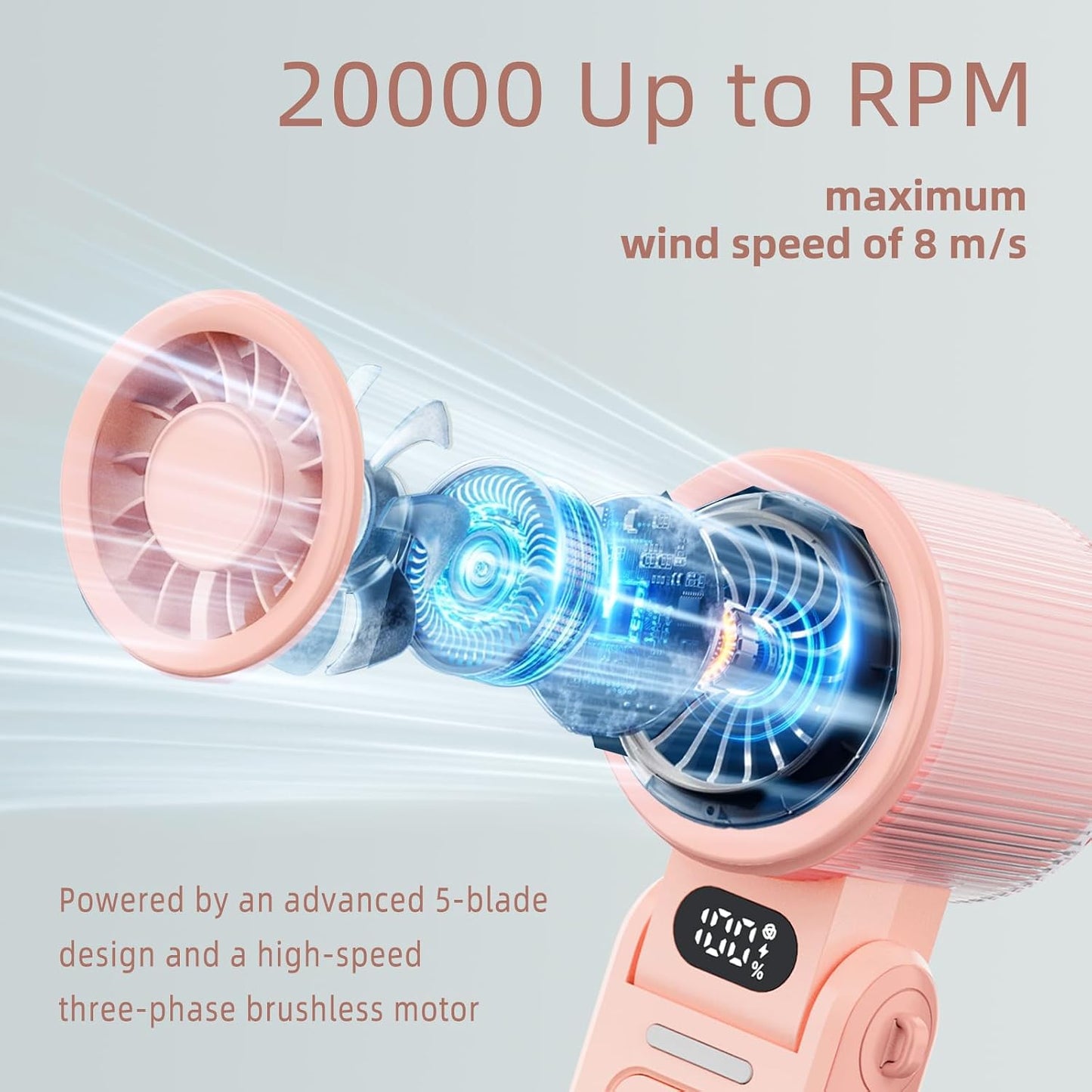 Portable Handheld Turbo Fan, 8M/S High Speed Portable Fan 5 Speed (1-100), 180° Foldable Personal Handheld Fans with Powerful Rechargeable Battery, Mini Fans, Digital Display for Outdoor(Pink)
