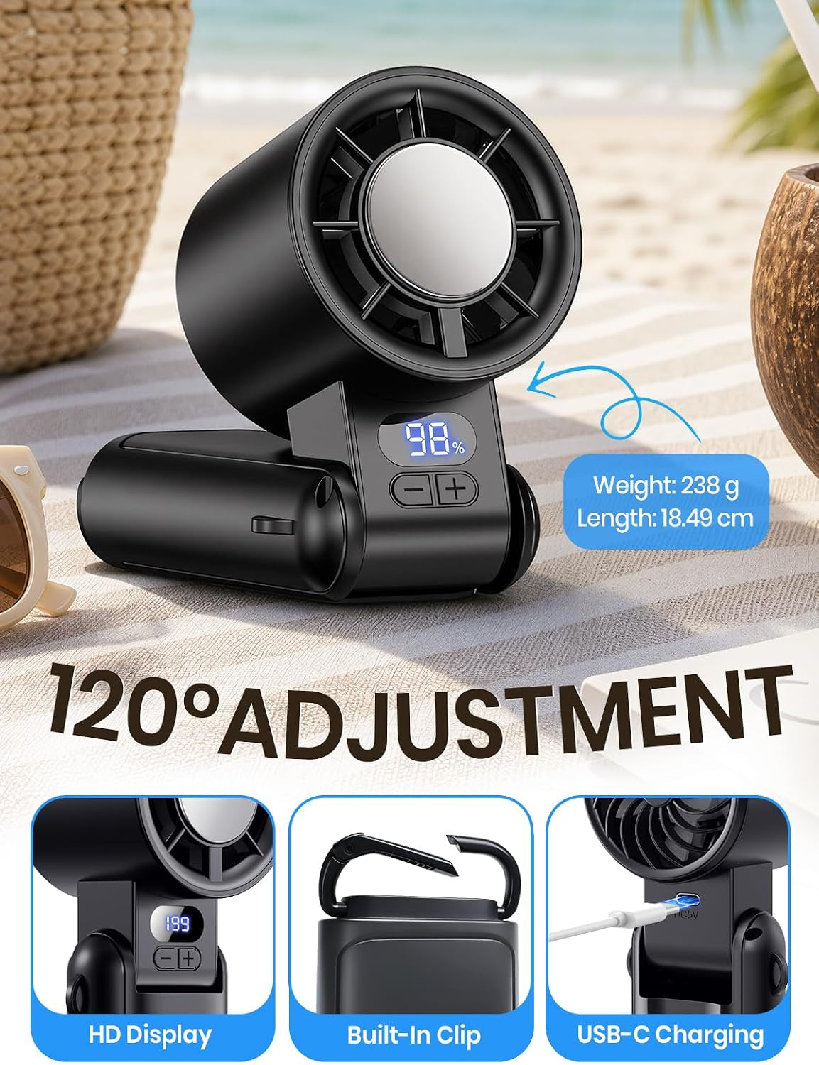 Handheld Fan Rechargeable with LED Display & Clip, 1-199 Speed Adjustable, 3-In-1 Hand Neck & Desk Fan, Powerful Portable Mini Hand Held Fans for Travel Camping Office Home, Black