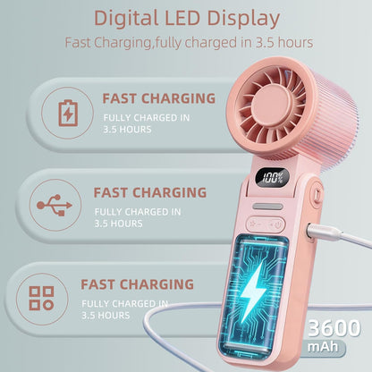 Portable Handheld Turbo Fan, 8M/S High Speed Portable Fan 5 Speed (1-100), 180° Foldable Personal Handheld Fans with Powerful Rechargeable Battery, Mini Fans, Digital Display for Outdoor(Pink)
